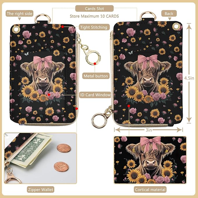 bolimoss Highland Cow RFID Badge Holder with Lanyard Wallet, Leather Sunflower Breakaway Lanyards for ID Holder with Wrist Strap, Small Id Case Wallet with Zipper Pocket for Nurse Teacher Student Work