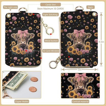 bolimoss Highland Cow RFID Badge Holder with Lanyard Wallet, Leather Sunflower Breakaway Lanyards for ID Holder with Wrist Strap, Small Id Case Wallet with Zipper Pocket for Nurse Teacher Student Work