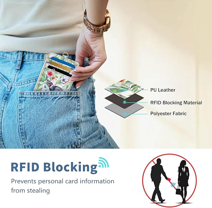 Lanyard Wallet with Id Badge Holder, Bird RFID Small Keychain Wallet Women Wristlet, Cute Zipper Credit Card Holder Phone Wrist Neck Strap for Key Name Tag, Teacher Student Office Gift