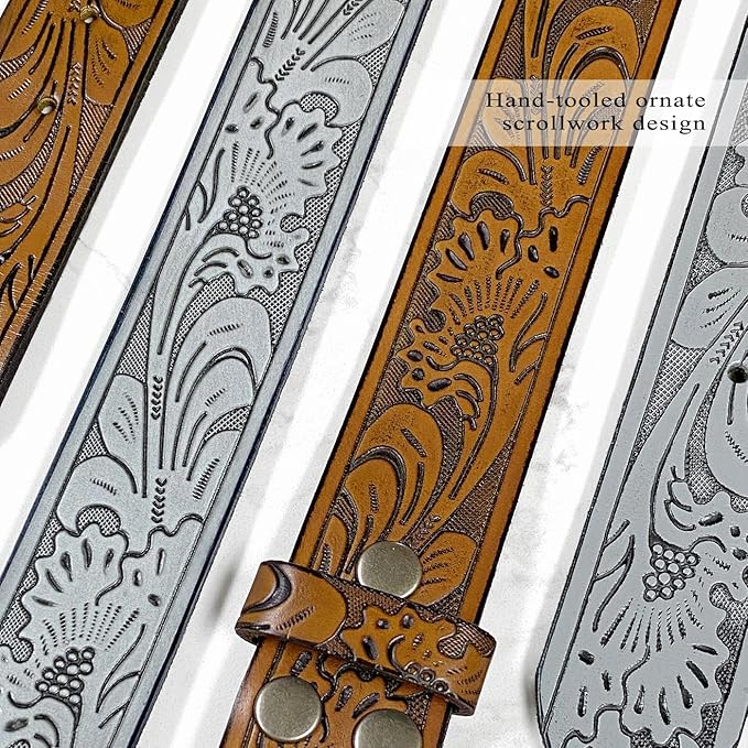 Western Floral Engraved Embossed Tooled Genuine Leather Belt Strap or Belt 1-1/2"(38mm) Wide, Multi-Style Options