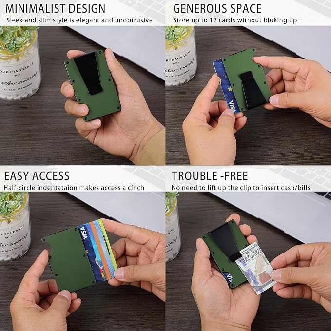 Minimalist Carbon Fiber Wallet for Men, Money Clip Cash Strap Wallet, RFID Blocking Metal Wallet Aluminum Card Holder,Front Pocket Wallet(Matte Green)