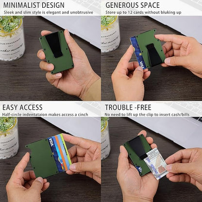 Minimalist Carbon Fiber Wallet for Men, Money Clip Cash Strap Wallet, RFID Blocking Metal Wallet Aluminum Card Holder,Front Pocket Wallet(Matte Green)