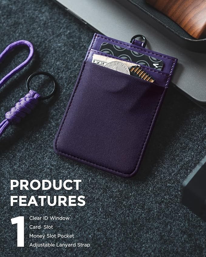 VULKIT ID Badge Holder with Lanyard for Women and Men Vertical Leather Badge Holder with Clear ID Window Card Holder Slot and Money Pocket Purple
