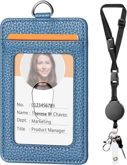 Leather Badge Holder and Adjustable Retractable Lanyards, Quick Release Buckle and Safety Breakaway Lanyards with Swivel Metal Clasp for Offices, Staff, Students, Employees