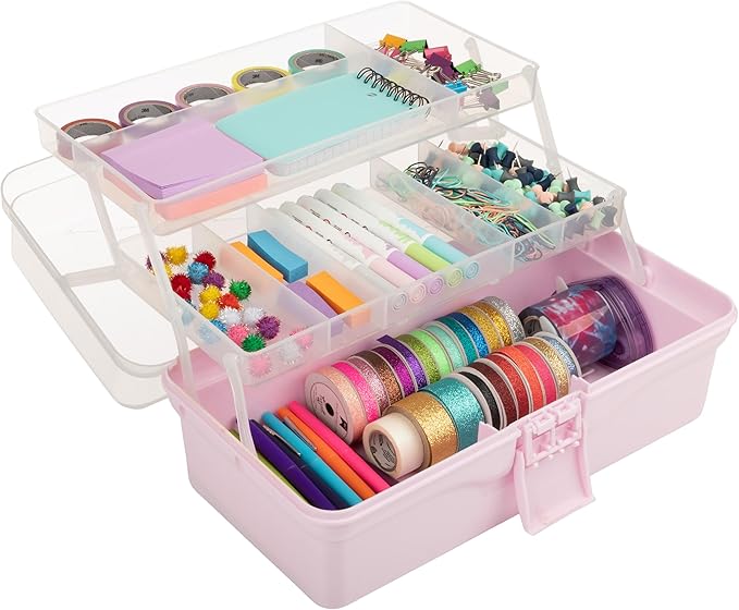 14” Plastic Tackle Box Organizer - 3-Layer Portable Sewing Box, Art Caddy, Craft Storage, First Aid Medicine Utility Toolbox or Hair Accessories Organizer with Latch and Handle by Stalwart (Pink)