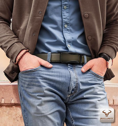 BULLIANT Mens Ratchet Belt,Leather Adjustable Slide Belt For Gift Mens Dress Casual 1 3/8",Size Adjustable