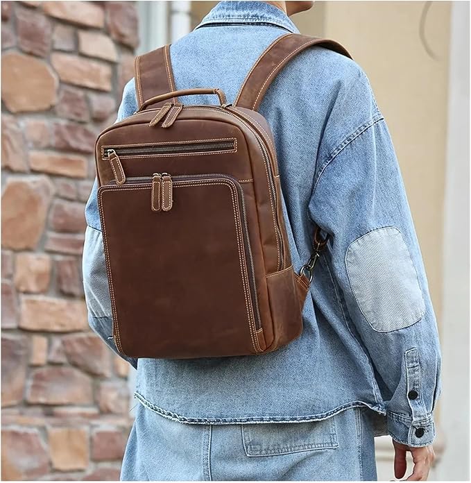 Mens Leather Backpacks 15.6-inch Laptop Backpack Business Backpack Classic Backpack Travel Backpack for Men(Brown)