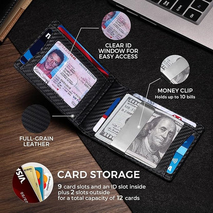 Zitahli Genuine Leather Wallet for Men 12 Card Slim Mens Wallets Bifold RFID Blocking with Money Clip & ID Window Thin Minimalist Card Holder Wallet with Gift Box