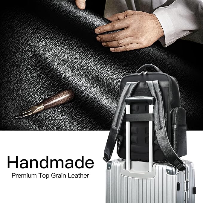 BOPai Genuine Leather Laptop Backpack Men for 15.6 inch Business Smart Professional Lightweight Backpack with USB Charging Office Commuter Computer Rucksack Executive Anti Theft Black