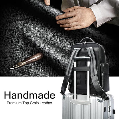 BOPai Genuine Leather Laptop Backpack Men for 15.6 inch Business Smart Professional Lightweight Backpack with USB Charging Office Commuter Computer Rucksack Executive Anti Theft Black