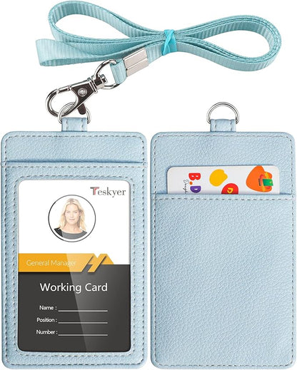 Teskyer Badge Holder with Lanyard, Leather ID Name Badge Card Holder with Lanyard for ID Badges, Vertical, Lychee Pattern Cyan