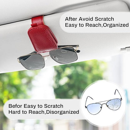 SINGARO Sunglasses Holder for Car, Leather Magnetic Buckle Sun Visor Sunglass Clip, Ticket Card Storage Glasses Clip, Car Interior Accessories for Men and Women（Red）