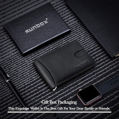 RUNBOX Slim Wallet for Men Genuine Leather RFID Blocking Bifold Minimalist Front Pocket Mens Wallet with Money Clip Thin Gift Box