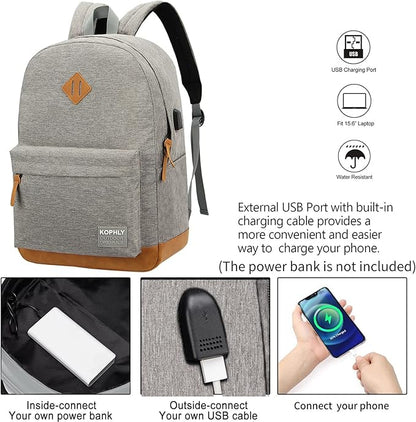 Laptop Backpack with Leather Decoration, USB Charging Port, Classic Backpack for College, Work, Travel(18 Inches/Light Grey)