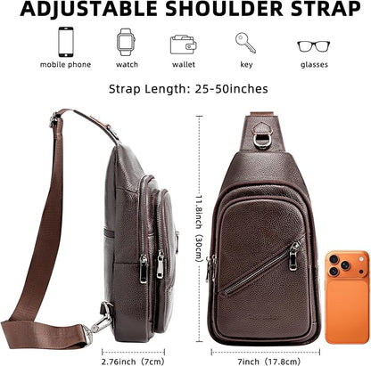 Leather Sling Bag Crossbody Bags for Men, Chest Pack for Daily Travel Leisure Sport（Black/Brown）