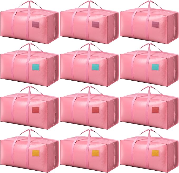 12 Pack Moving Bags with Full-Open Side Zipper, Extra Large 93L Heavy Duty Waterproof Foldable Storage Totes for College Dorm, Moving & Home Organization Pink
