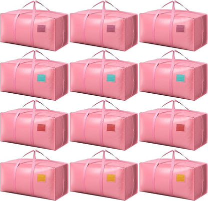 12 Pack Moving Bags with Full-Open Side Zipper, Extra Large 93L Heavy Duty Waterproof Foldable Storage Totes for College Dorm, Moving & Home Organization Pink