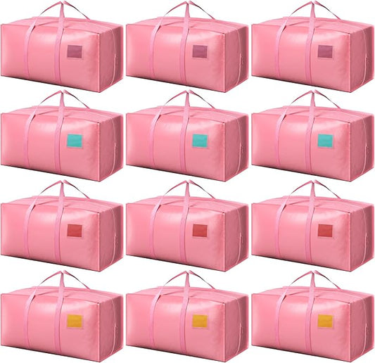 12 Pack Moving Bags with Full-Open Side Zipper, Extra Large 93L Heavy Duty Waterproof Foldable Storage Totes for College Dorm, Moving & Home Organization Pink