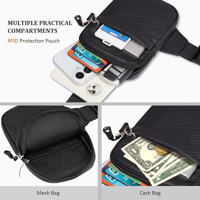 Mini Crossbody Sling Bag, PU Leather Chest Bag with 3 dimensional Woven Pattern, Dual Pocket Water Resistant Fanny Pack, Running Phone Holder for Men Women Workout Travelling(Black Carbon Fiber)