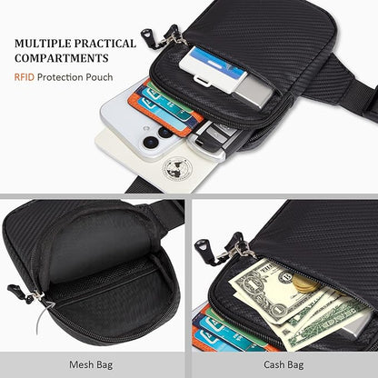 Mini Crossbody Sling Bag, PU Leather Chest Bag with 3 dimensional Woven Pattern, Dual Pocket Water Resistant Fanny Pack, Running Phone Holder for Men Women Workout Travelling(Black Carbon Fiber)