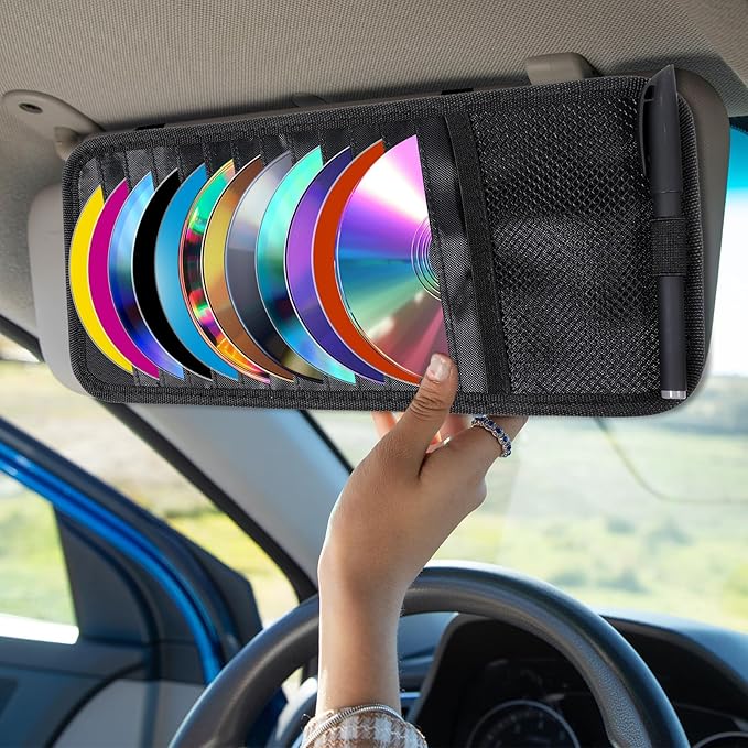 CD Case Holder for Car - DVD Vehicle Visor Storage Orangizer Sun Visor Organizer for CD Visor Case with 12 DVD Storage Sleeves 1 Mesh Pocket 1 Pen Holder(Black)