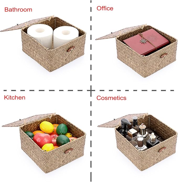 Hipiwe Wicker Shelf Baskets Bin with Lid Handwoven Seagrass Storage Basket Container Square Multipurpose Household Basket Boxes for Shelves and Home Organizer, Coffee Small