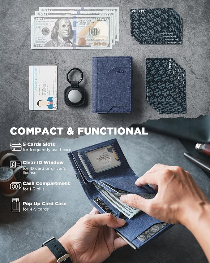 VULKIT Airtag Wallet with Keyring Mens Pop up Credit Card Wallet with Air Tag Holder Trifold ID Window RFID Blocking（Navy）