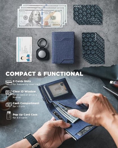 VULKIT Airtag Wallet with Keyring Mens Pop up Credit Card Wallet with Air Tag Holder Trifold ID Window RFID Blocking（Navy）