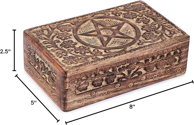Ajuny Wooden Hand Carved Decorative Jewelry Box with Star Circle Carvings Vintage Keepsake Storage Organizer Travel Treasure Chest Trinket Holder Case Great Gifts 8x5 Inch