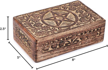 Ajuny Wooden Hand Carved Decorative Jewelry Box with Star Circle Carvings Vintage Keepsake Storage Organizer Travel Treasure Chest Trinket Holder Case Great Gifts 8x5 Inch