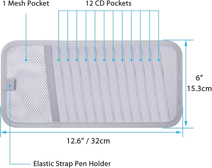 Car CD Case Holder, Wisdompro Vehicle Sun Visor Organizer for Cars with 12 DVD Storage Sleeves, 1 Mesh Pocket, 1 Pen Holder and Elastic Strap, Gray