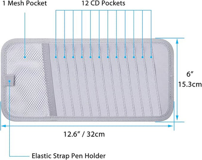 Car CD Case Holder, Wisdompro Vehicle Sun Visor Organizer for Cars with 12 DVD Storage Sleeves, 1 Mesh Pocket, 1 Pen Holder and Elastic Strap, Gray