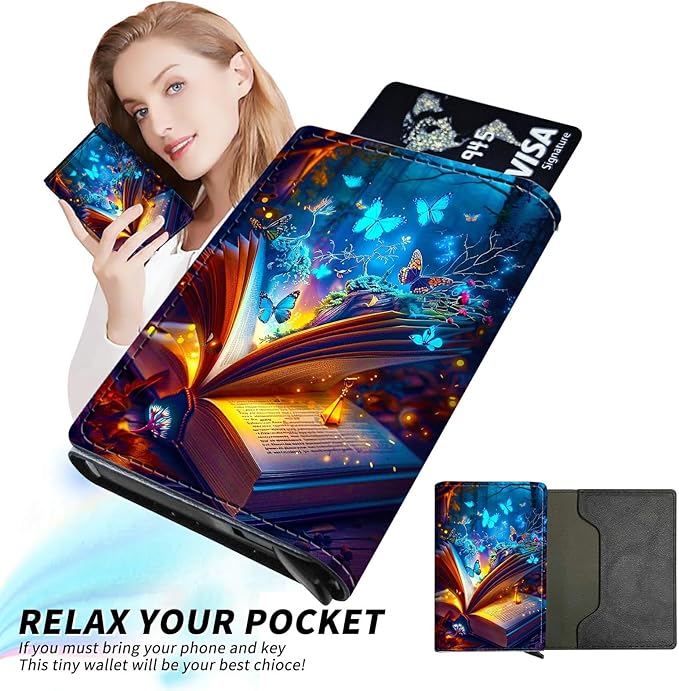 Minimalist Wallet for Men's Card Holders, Pop-Up Card Case Wallets for Women, Leather Automatic Credit Card Holder with Metal Money Clip RFID Blocking Bifold Pocket, Book Blue Butterfly