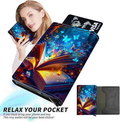 Minimalist Wallet for Men's Card Holders, Pop-Up Card Case Wallets for Women, Leather Automatic Credit Card Holder with Metal Money Clip RFID Blocking Bifold Pocket, Book Blue Butterfly