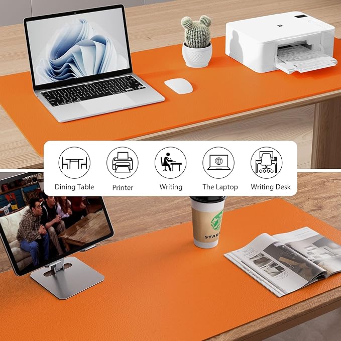 Aothia Faux Leather Desk Mat - Non-Slip PU Leather Desk Blotter, Waterproof Writing Surface, Large Desk Pad for Office & Home (Orange, 55" x 24")
