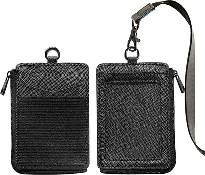 2-in-1 ID Badge Holder & Elastic Card Holder Wallet,Minimalist Men & Women Zip Card Holder Wallet with Neck Lanyard,3 Card Slots and 1 Side Zipper Pocket (Black-A)