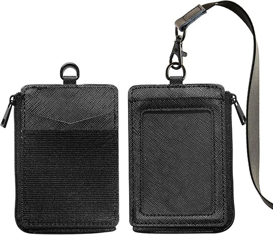 2-in-1 ID Badge Holder & Elastic Card Holder Wallet,Minimalist Men & Women Zip Card Holder Wallet with Neck Lanyard,3 Card Slots and 1 Side Zipper Pocket (Black-A)