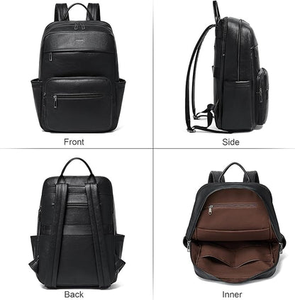 Leather Laptop Backpack for Women 15.6 Inch Laptop Travel Backpack Purse Casual Daypack with Laptop Compartment for College Work Nurse Business Weekender, Black
