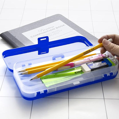 BAZIC PRODUCTS Plastic Pencil Case, Double Deck Utility Storage Box, Multi Purpose Organizer & Supply Holder, Transparent Box Design, Assorted Color, Ideal for School, Office & Craft Use, 4-Pack