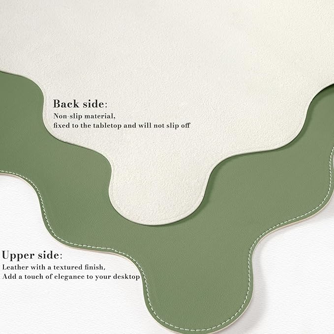 iCasso Leather Mouse Pad,Extra Large Desk Pad with Stitched Edges,Cute Scalloped Computer Mat for Desktop,Non-Slip Nail Mats Green,Waterproof Desk Protector for Office Home School