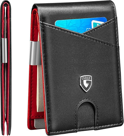GSOIAX Slim Leather RFID Bifold Wallet for Men Minimalist Front Pocket Wallet with Money Clip,12 Card Slots,ID Window,Cool Groove Design,Includes Gift Box (Leather Black Red)