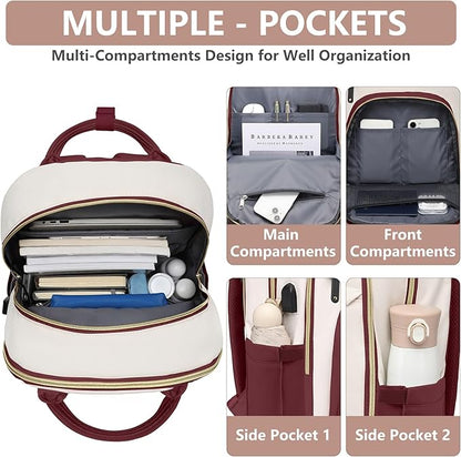 Laptop Backpack for Women Work Bag - 15.6 inch Travel Backpack Purse with USB Charger College Bookbag Waterproof Cute Casual Daypack Business Computer Backpacks for Teacher Nurse Beige Wine Red