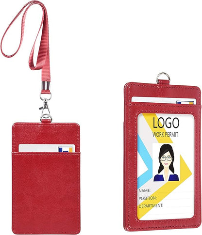 Teskyer Badge Holder with Lanyard, Leather ID Name Badge Card Holder with Lanyard for ID Badges, Vertical Wine Red