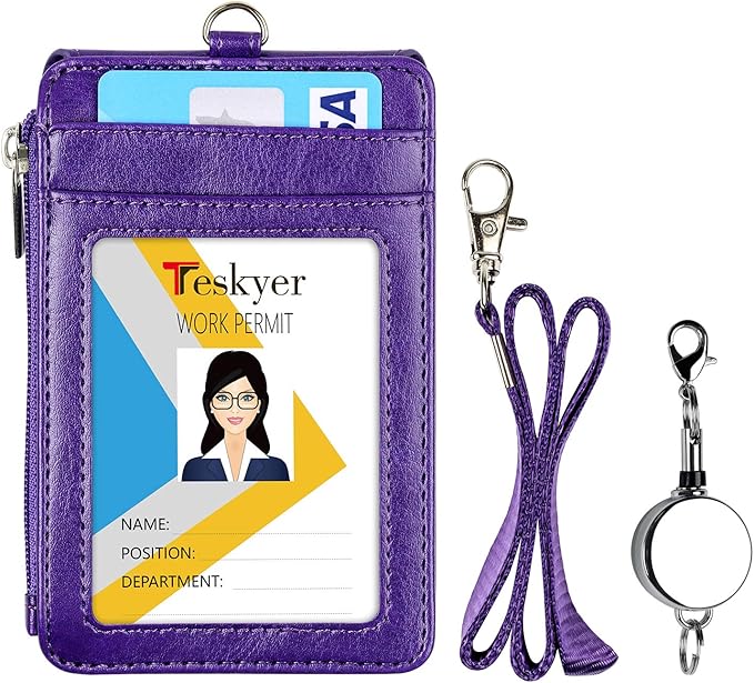 Teskyer Leather Badge Holder with Lanyard and Retractable Badge Reel, 4 Card Slots ID Card Holder with 1 Zipper Pocket for Office School Name Work IDs, Purple