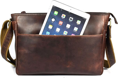 16" Crossbody Bag Leather Laptop Messenger Bag For Men with trolley sleeve for school office (Walnut)