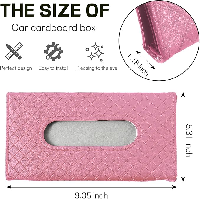 Car Tissue Holder, Leather Tissue Holder for Car Sun Visor, Rectangular Auto Sun Visor Napkin Holder Mask Dispenser, Universal Vehicle Tissue Box Sun Visor Accessory (Plaid-Pink)