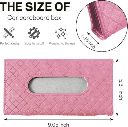 Car Tissue Holder, Leather Tissue Holder for Car Sun Visor, Rectangular Auto Sun Visor Napkin Holder Mask Dispenser, Universal Vehicle Tissue Box Sun Visor Accessory (Plaid-Pink)