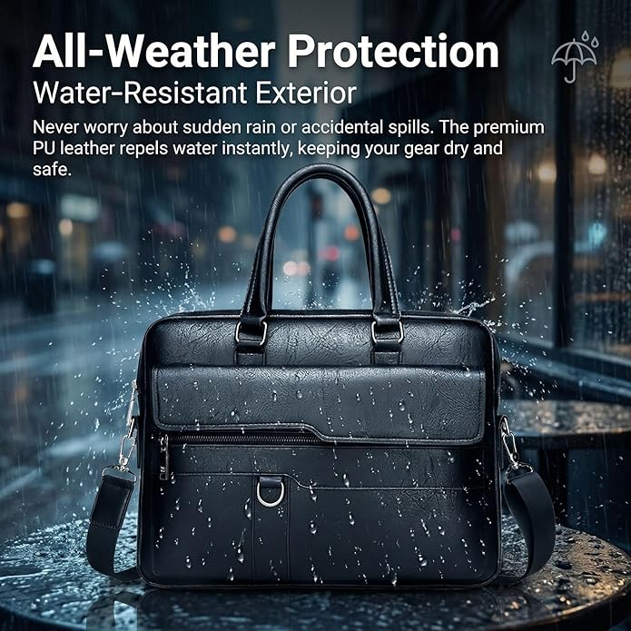 Men's Leather Laptop Bag 15 IN, Water-Resistant Briefcase Messenger Bag for Work, Business, Shoulder Crossbody Office Satchel