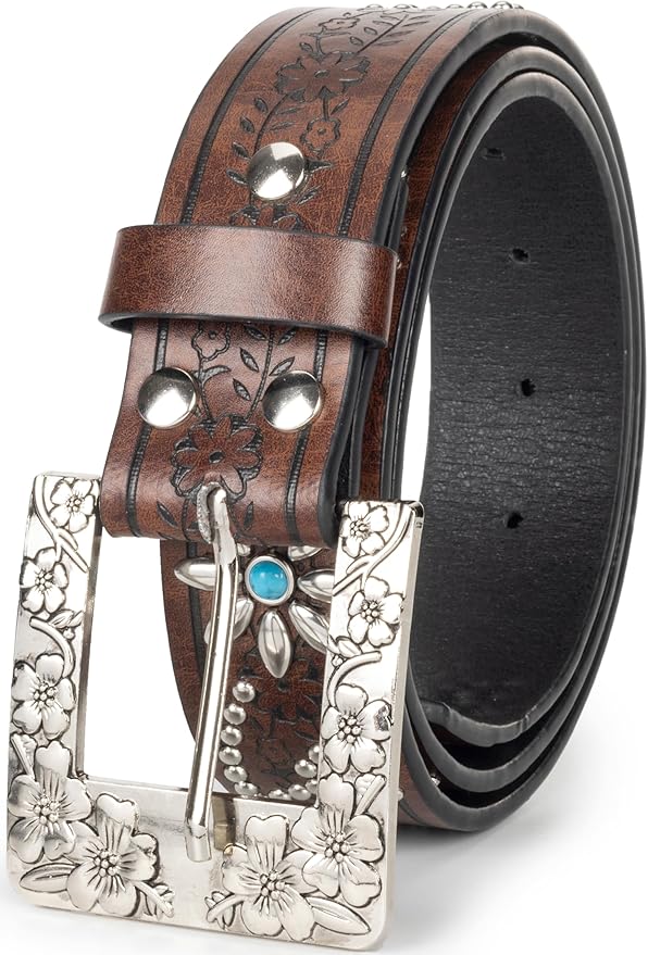 INOGIH Adjustable-Vintage-Western-Cowboy-Belt Women Men - Cowboy-Style Engraved-Buckle Belt for Jeans Pants Dresses