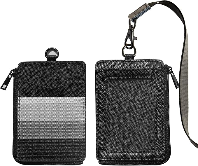 2-in-1 ID Badge Holder & Elastic Card Holder Wallet,Minimalist Men & Women Zip Card Holder Wallet with Neck Lanyard,3 Card Slots and 1 Side Zipper Pocket (Black-B)